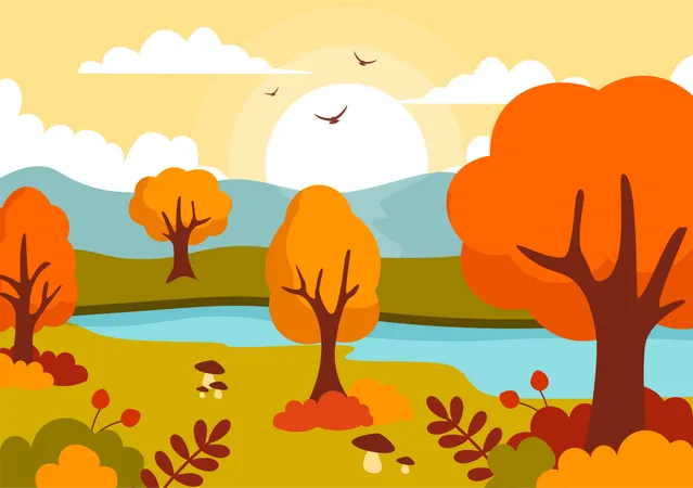 Montañas y hojas de otoño.  Ilustración