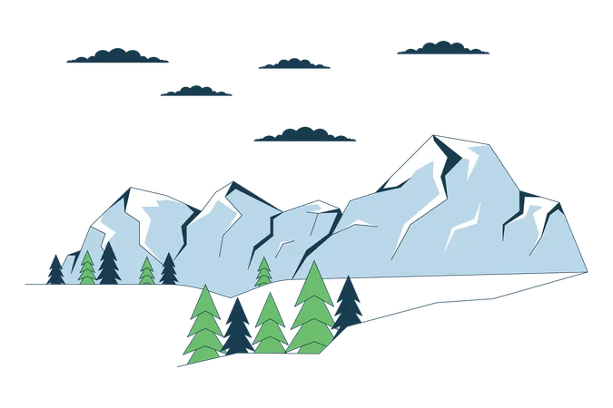 Montanha coberta de neve cercada por árvores perenes  Ilustração