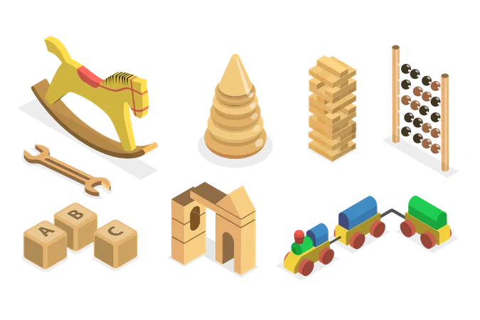3 D Isometric Flat Vector Set Of Montessori Wood Toys Playthings For Baby Development Illustration