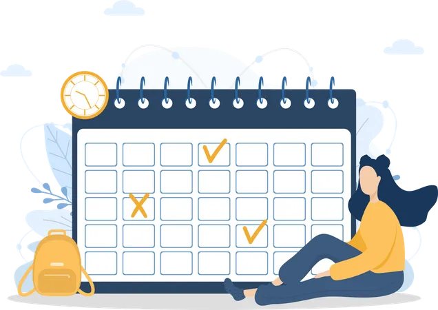 Month Planning Or To Do List Concept Woman Sitting Near Giant Calendar Task Scheduling Work Process Organization Vector Illustration In Flat Cartoon Style Illustration