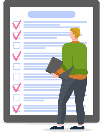 Month scheduling, to do list, time management. Businessman stands near checklist and planning  イラスト