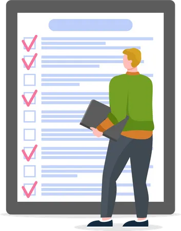 Month scheduling, to do list, time management. Businessman stands near checklist and planning  Illustration