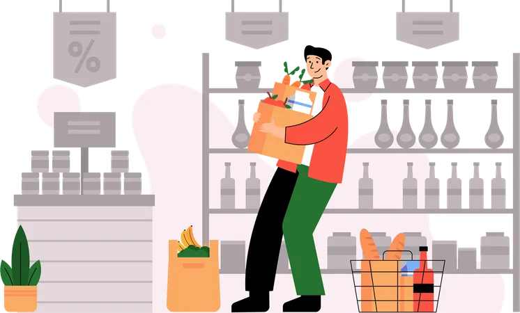 Monthly grocery shopping time at grocery store  イラスト