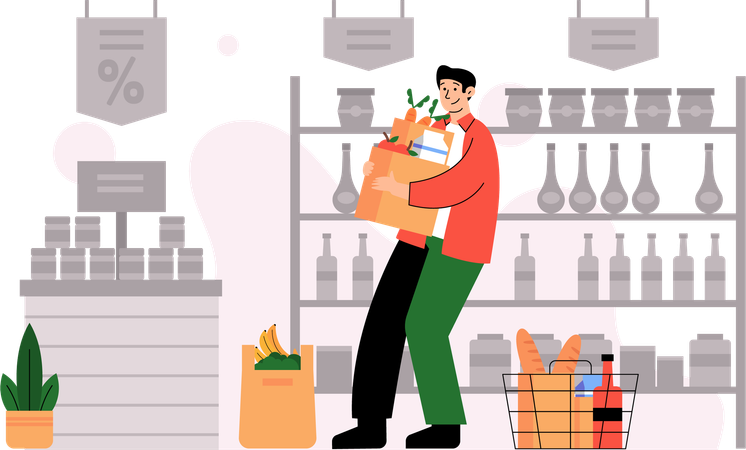 Monthly grocery shopping time at grocery store  Illustration