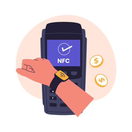 Paiement sans contact sur une montre connectée au terminal de point de vente  Illustration