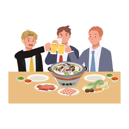 Mookata thai barbecue with pork belly vegetables and colleagues enjoying drinks in a warm friendly dining scene  Illustration