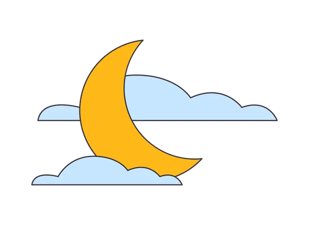Moonlit Night Flat Line Color Isolated Vector Object Crescent Covered By Clouds Editable Clip Art Image On White Background Simple Outline Cartoon Spot Illustration For Web Design Illustration