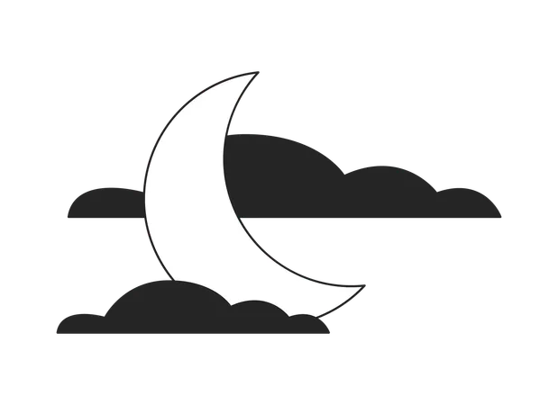 Moonlit Night Flat Monochrome Isolated Vector Object Crescent Covered By Clouds Editable Black And White Line Art Drawing Simple Outline Spot Illustration For Web Graphic Design Illustration