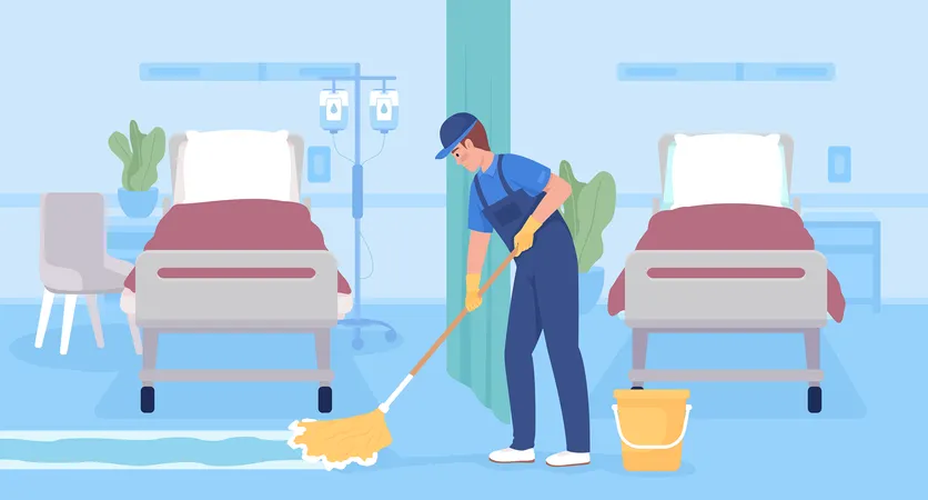 Mopping Hospital Floor Surfaces Flat Color Vector Illustration Male Janitor In Uniform Cleaning Floor With Mop Fully Editable 2 D Simple Cartoon Character With Light Blue Interior On Background Illustration