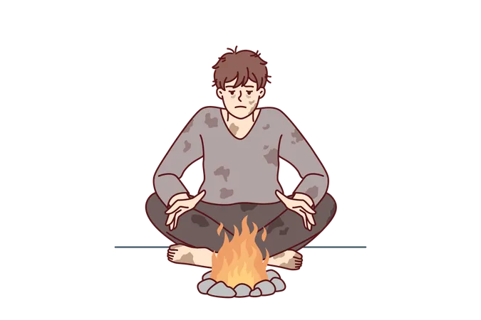 Morador de rua com roupas sujas aquece as mãos sentado perto do fogo tentando sobreviver por falta de casa própria  Ilustração