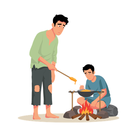 Homem sem-teto cozinhando ao ar livre  Ilustração