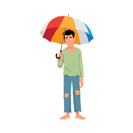 Homem sem-teto em pé com guarda-chuva  Ilustração