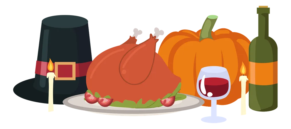 Festive Thanksgiving Object Illustration Pumpkin Turkey And More Flat Vector Cartoon Illustration Illustration