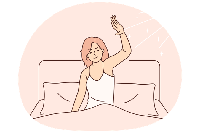 Morning awakening of woman dissatisfied with sun rays that interfere with sleep in bed  Illustration