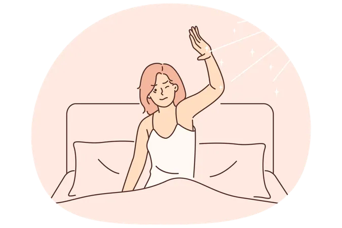 Morning awakening of woman dissatisfied with sun rays that interfere with sleep in bed  Illustration