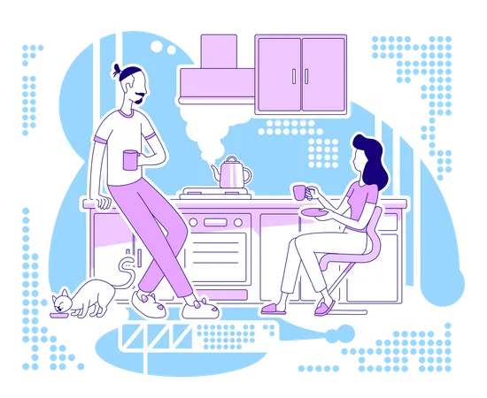 Morning Coffee Flat Silhouette Vector Illustration Man And Woman In Kitchen Drink Tea Family Recreation Inside Home Couple Outline Characters On Blue Background Weekend Simple Style Drawing Illustration