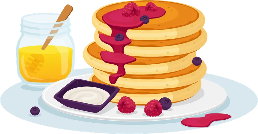 Stack Of Fresh Hot Pancakes With Honey And Sweet Syrup Decorated With Fresh Berries Fresh Bakery Breakfast For Family Morning Food Culinary Hobby Concept Cartoon People Vector Illustration Illustration