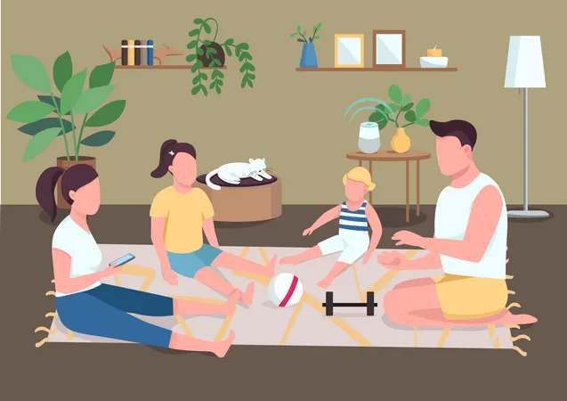 Family Bonding Flat Color Vector Illustration Morning Routine For Parents And Children Father And Mother Relax With Kids After Exercise Relatives 2 D Cartoon Characters With Interior On Background Illustration