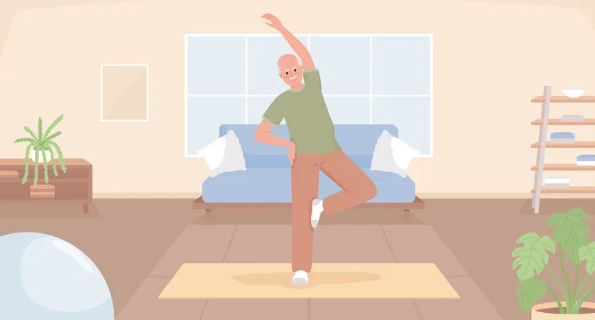 Morning Stretches For Elderly Flat Color Vector Illustration Senior Man Warming Up Before Yoga Activity On Mat Fully Editable 2 D Simple Cartoon Character With Cozy Living Room Interior On Background Illustration