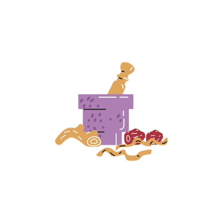 Mortar and bowl for spices ginger dates  Illustration