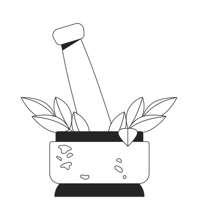 Mortar and pestle with lush leaves  Illustration