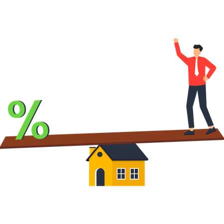 Mortgage Rate vs Home Value  Man on Teeter-Totter with House and Percentage  Illustration