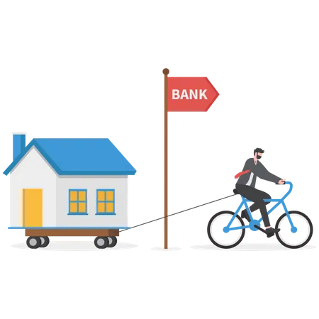 Riding And Businessmen Pulling House Mortgage Refinancing Loan Illustration
