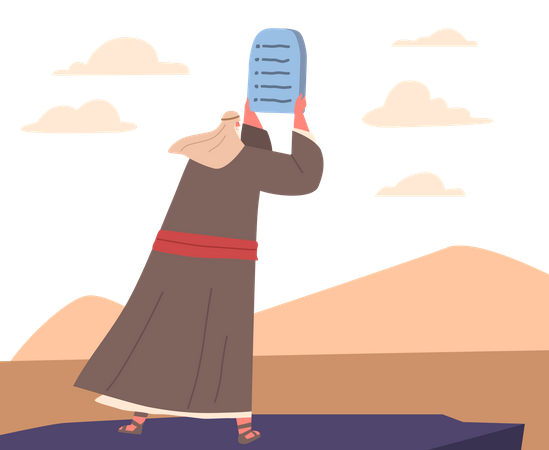 Moses Holding Tablets of Stone with Ten Commandments at Mount Sinai  Illustration