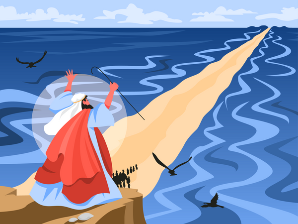 Moses splitting the red sea and ordering let Jewish people go out of Egypt Illustration