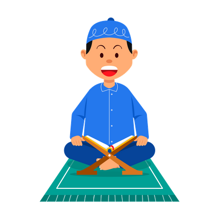 Moslem boy reading holy book and praying on pray mat  Illustration