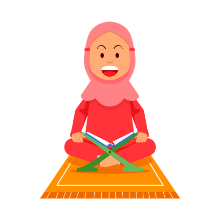 Moslem girl reading holy book and praying on pray mat  Illustration