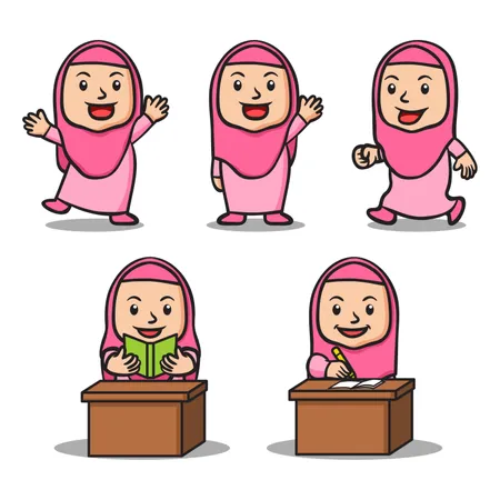 이슬람교 여학교 어린이 캐릭터 컬렉션 세트. 이슬람 테마 일러스트레이션에 적합합니다.  일러스트레이션