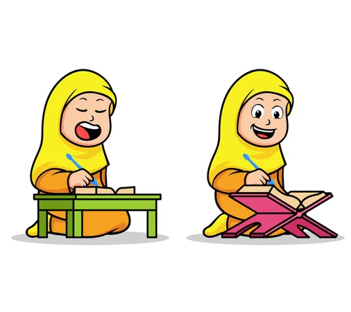 Moslem girl school kids reading holy Koran. Suitable for islamic theme illustration.  Illustration