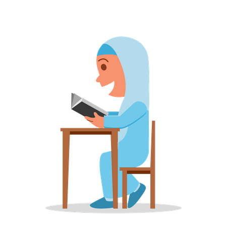 Moslem school girl reading book  Illustration