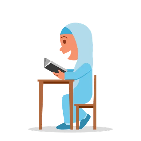 Moslem school girl reading book  Illustration