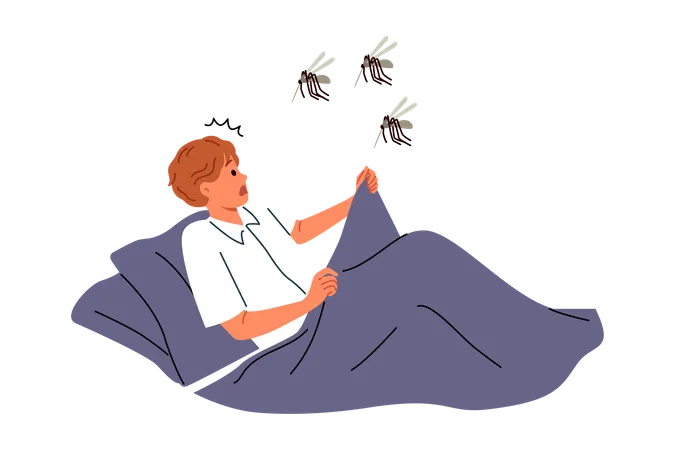 Mosquitoes will attack sleeping man lying in bed and horrified by sight of giant flying insects  Illustration