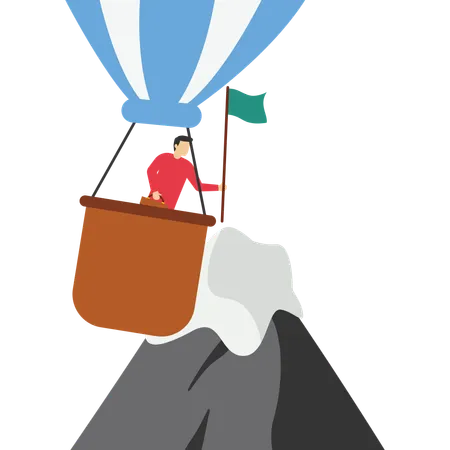 Most Efficiency Way To Reach Business Goal Smart Businessman Flying Balloon Reaching Mountain Peak To Grab Success Flag Illustration