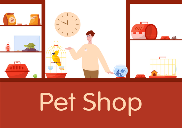 Mostrador de tienda de mascotas con vendedor trabajador masculino  Ilustración