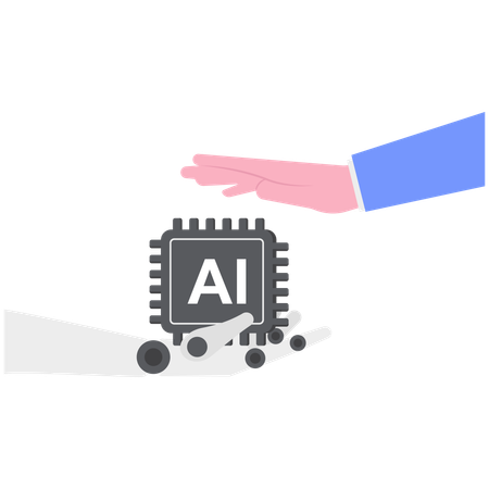 Mão mostrando chip de IA e máquinas de aprendizagem de inteligência artificial e robô  Ilustração