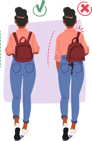 Mostrando la postura correcta e incorrecta mientras cuelga el bolso sobre los hombros.  Ilustración