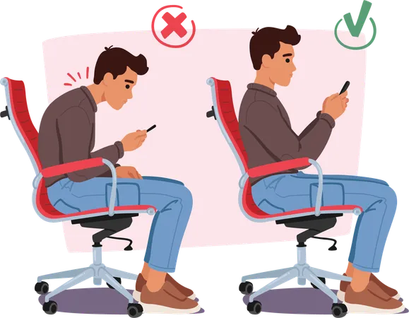 Mostrar posturas correctas e incorrectas mientras está sentado en una silla y usando el móvil  Ilustración