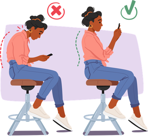 Mostrar posturas correctas e incorrectas mientras está sentado en una silla y usando el móvil  Ilustración