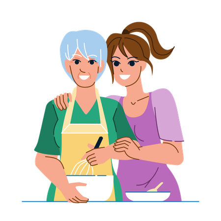 Mother and are daughter are cooking in kitchen  Illustration
