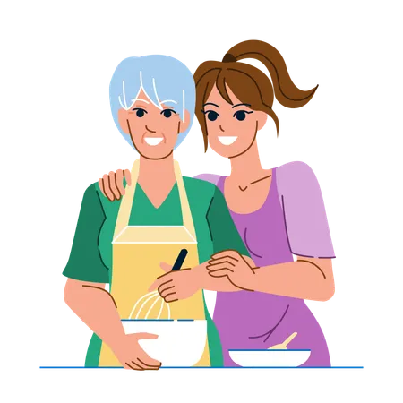 Mother Daughter Kitchen Vector Family Happy Mom Old Woman Home Food Girl Cook Together Mother Daughter Kitchen Character People Flat Cartoon Illustration Illustration