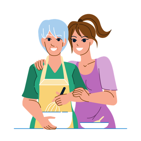 Mother and are daughter are cooking in kitchen  イラスト