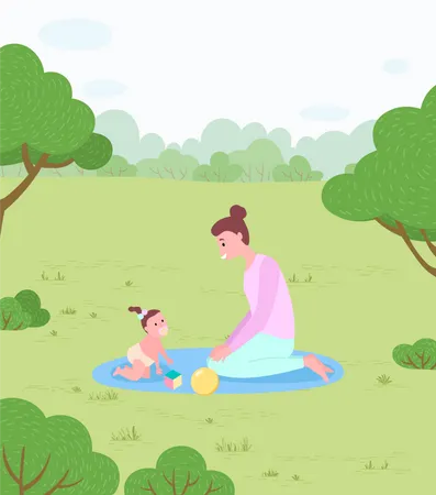 Mother and Baby Girl on Rug with Toys in Park  Illustration