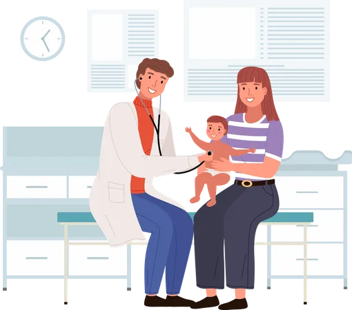 Mother And Baby Visiting The Doctor Pediatrician With Stethoscope Working With Little Patient Characters At The Appointment With The Therapist In Hospital Room Man Checks The Health Of Child Illustration