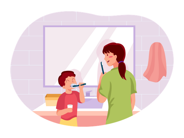 Mother and boy brushing his teeth with toothpaste Illustration