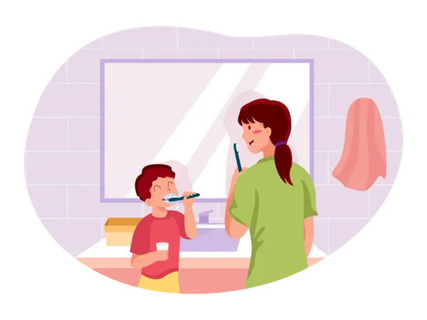 Mother and boy brushing his teeth with toothpaste Illustration