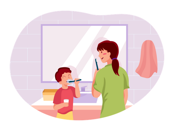 Mother and boy brushing his teeth with toothpaste  Illustration